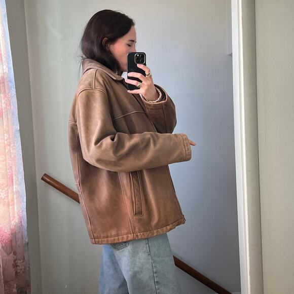 Vintage oversized brown worn leather jacket biker boyfriend moto coat distressed - Picture 4 of 8